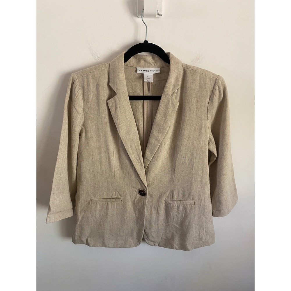 Carole Wren Womens Beige Linen Blend 3/4‎ Sleeve Single Button Blazer Jacket S